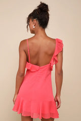 Captivating Always Coral Pink Ruffled Asymmetrical Mini Dress